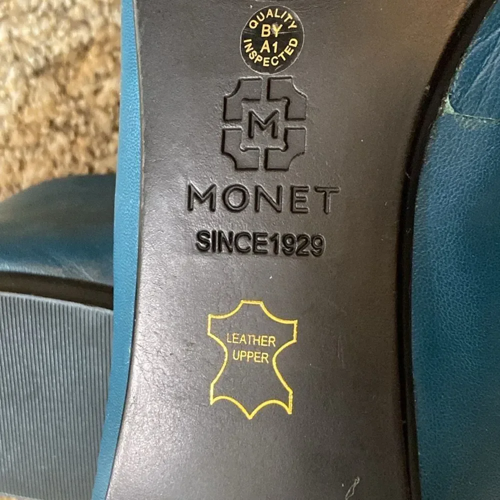 Monet Since 1929 Leather Upper Elegant Teal Flats with Gold Accent Women Sz 10 M